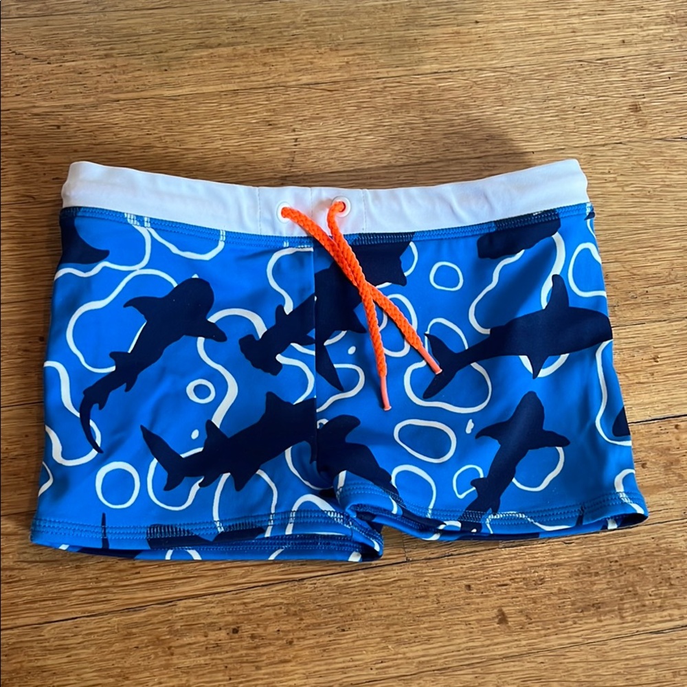 Mini Boden Shark Print Swim Trunks with Orange Drawstring